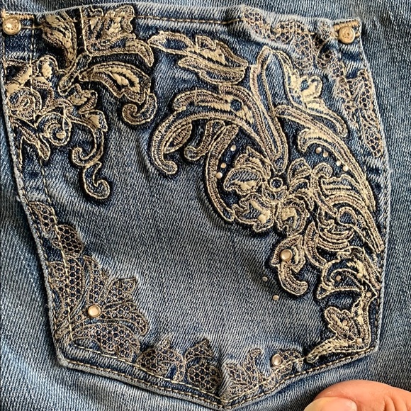 White House Black Market Blue Flare Jeans with Embellished Pockets - Picture 9 of 13